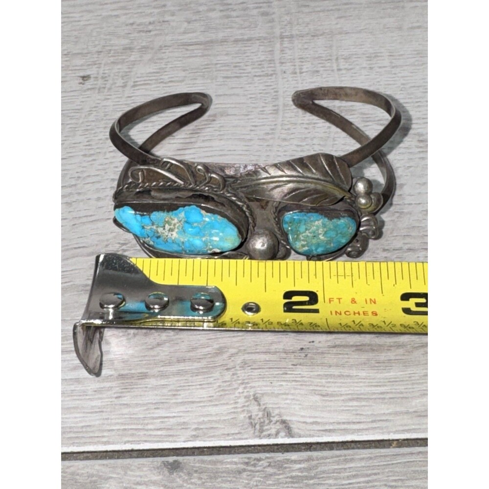 Vintage Navajo Old Pawn Turquoise Leaf Sterling Silver Bracelet - Picture 4 of 5